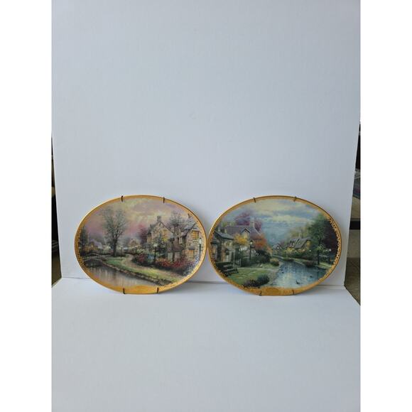 Thomas Kinkade's Set Of 2 Oval Plates Lamplight Lane Lamplight Brooke Numbered - Picture 1 of 7